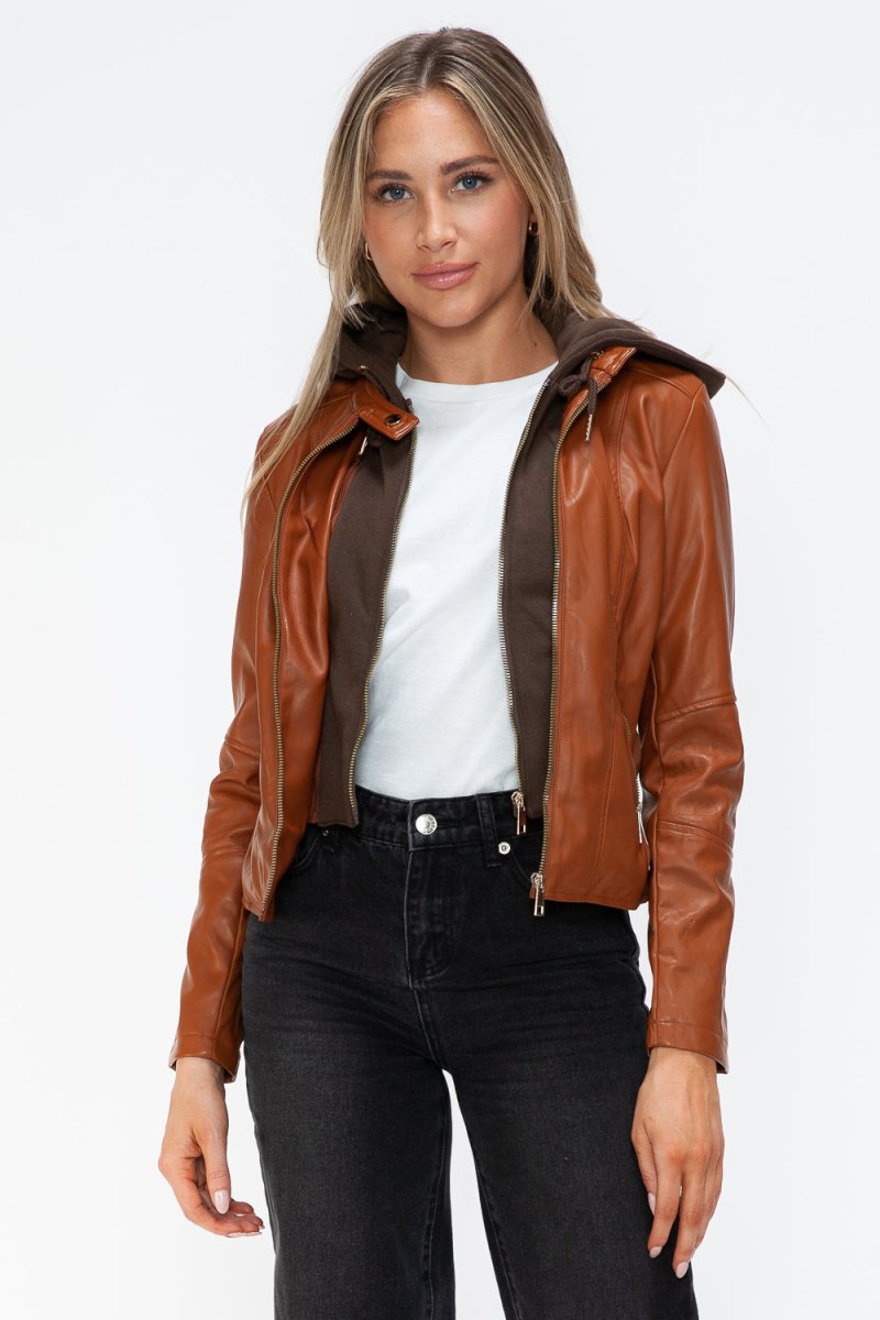 Snobbish Faux Leather Zip Up Drawstring Hooded Jacket - S. M. & Co.