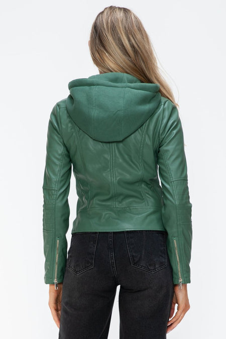 Snobbish Faux Leather Zip Up Drawstring Hooded Jacket - S. M. & Co.