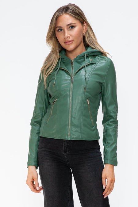 Snobbish Faux Leather Zip Up Drawstring Hooded Jacket - S. M. & Co.