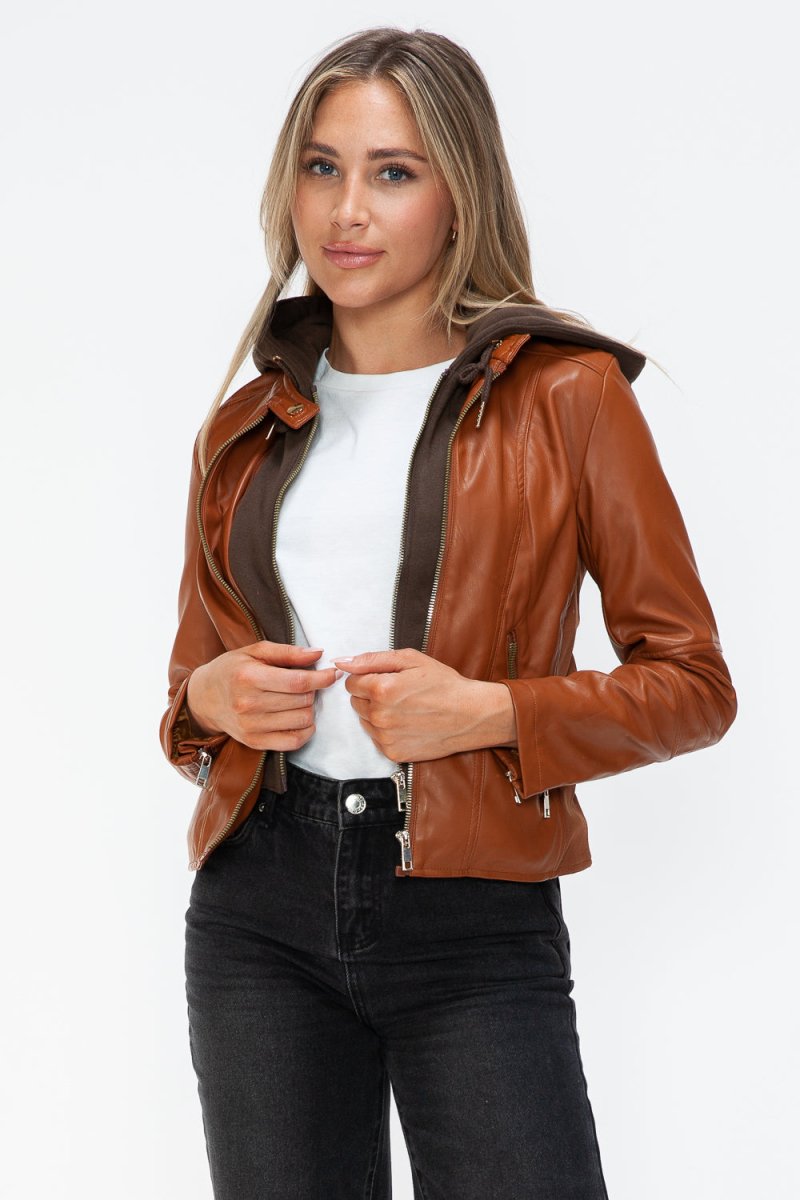 Snobbish Faux Leather Zip Up Drawstring Hooded Jacket - S. M. & Co.