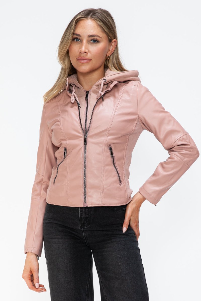 Snobbish Faux Leather Zip Up Drawstring Hooded Jacket - S. M. & Co.