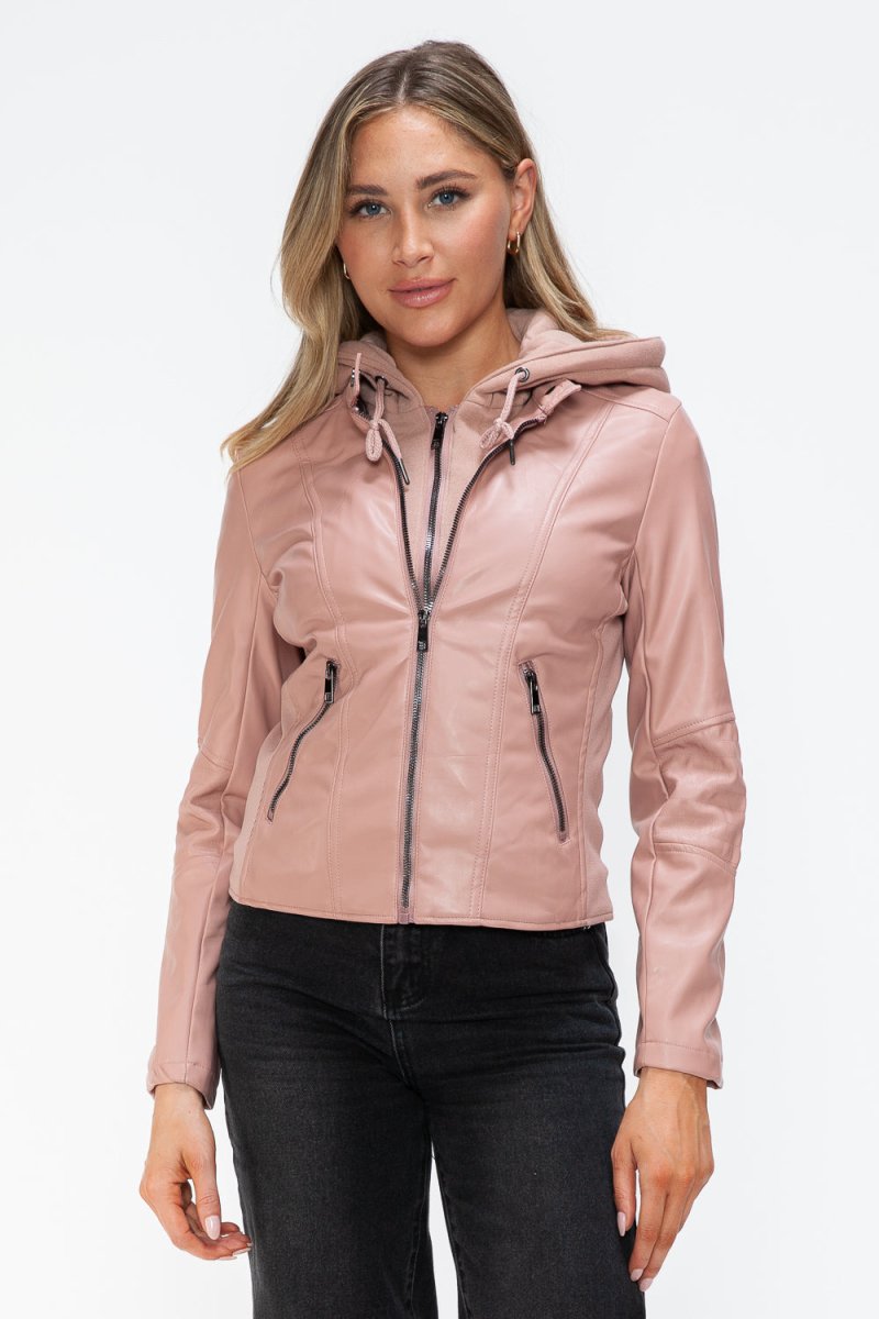 Snobbish Faux Leather Zip Up Drawstring Hooded Jacket - S. M. & Co.