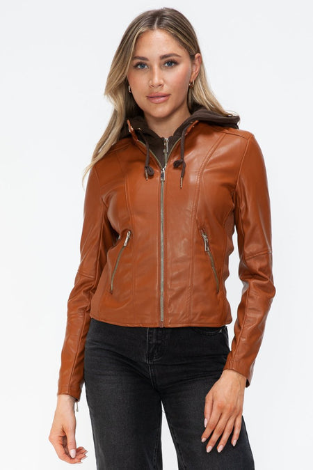 Snobbish Faux Leather Zip Up Drawstring Hooded Jacket - S. M. & Co.