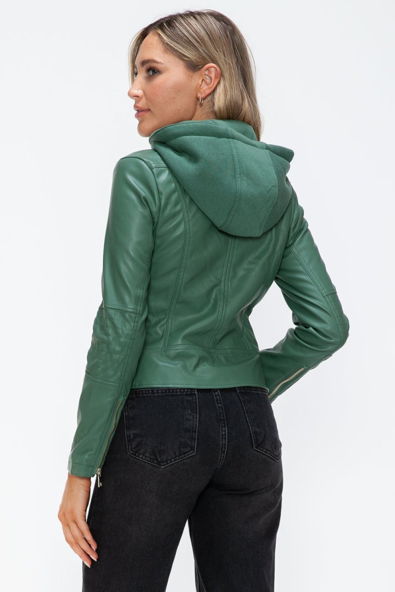 Snobbish Faux Leather Zip Up Drawstring Hooded Jacket - S. M. & Co.