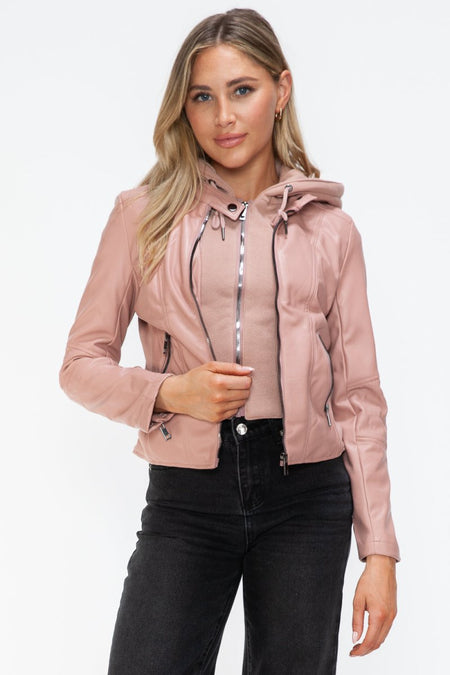 Snobbish Faux Leather Zip Up Drawstring Hooded Jacket - S. M. & Co.