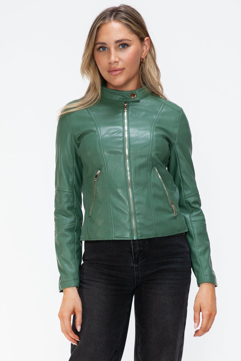 Snobbish Faux Leather Zip Up Drawstring Hooded Jacket - S. M. & Co.