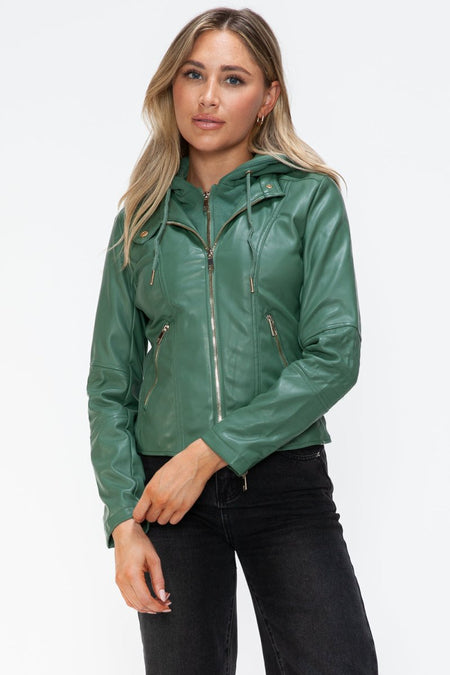 Snobbish Faux Leather Zip Up Drawstring Hooded Jacket - S. M. & Co.