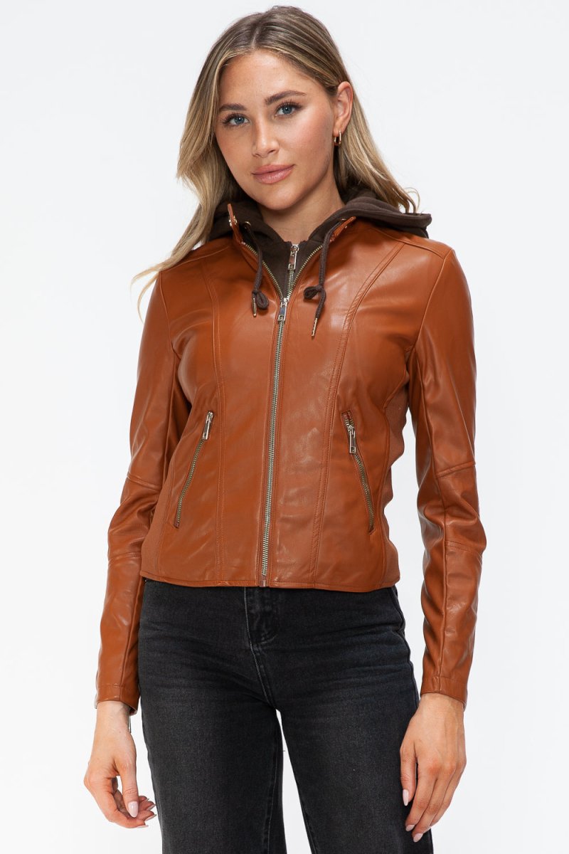 Snobbish Faux Leather Zip Up Drawstring Hooded Jacket - S. M. & Co.