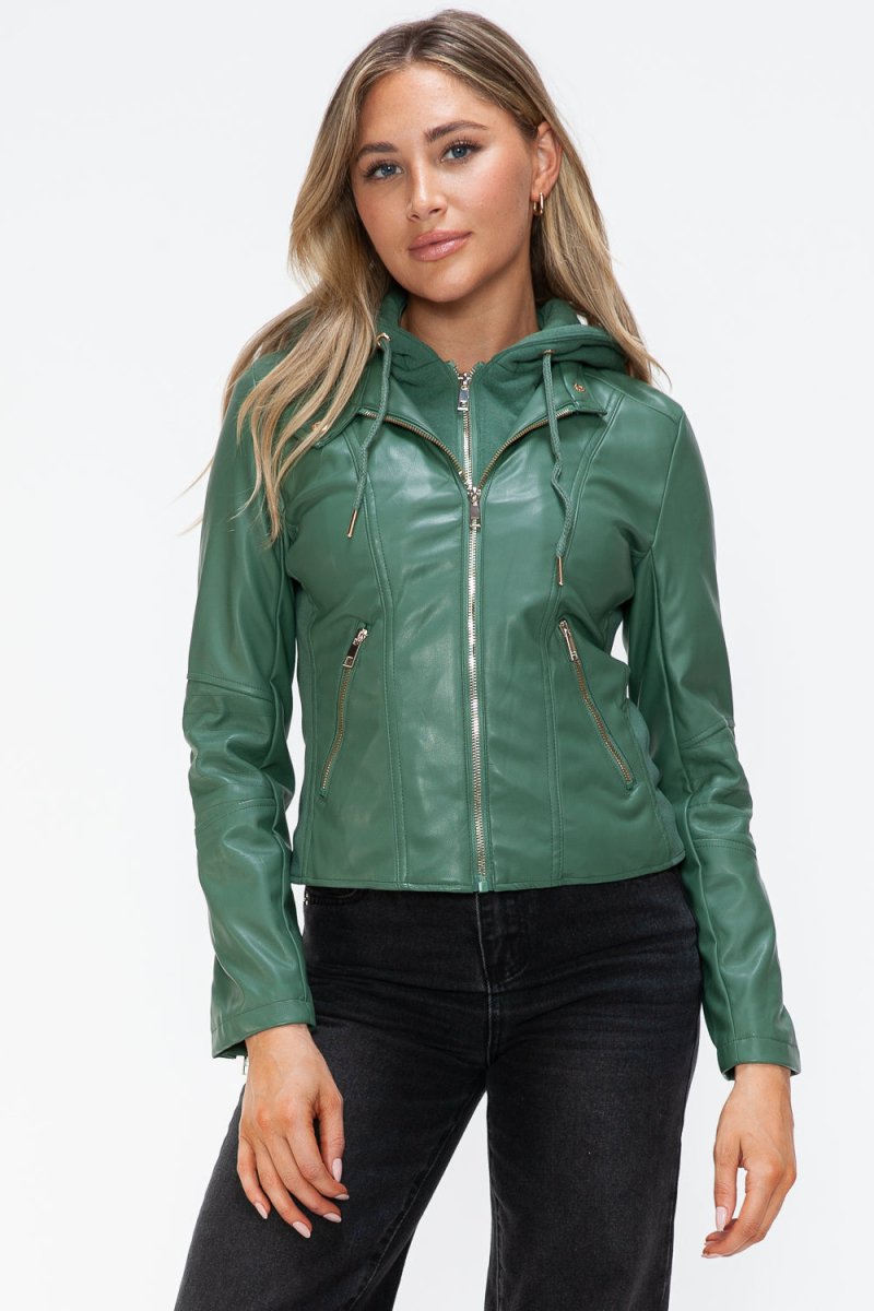 Snobbish Faux Leather Zip Up Drawstring Hooded Jacket - S. M. & Co.