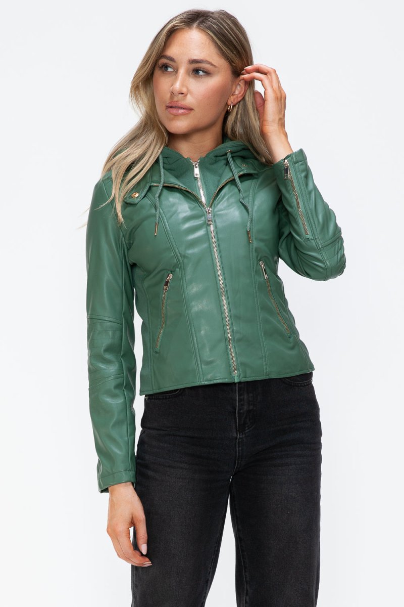 Snobbish Faux Leather Zip Up Drawstring Hooded Jacket - S. M. & Co.