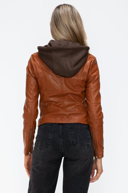 Snobbish Faux Leather Zip Up Drawstring Hooded Jacket - S. M. & Co.