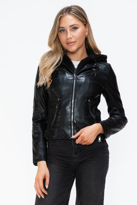 Snobbish Faux Leather Zip Up Drawstring Hooded Jacket - S. M. & Co.