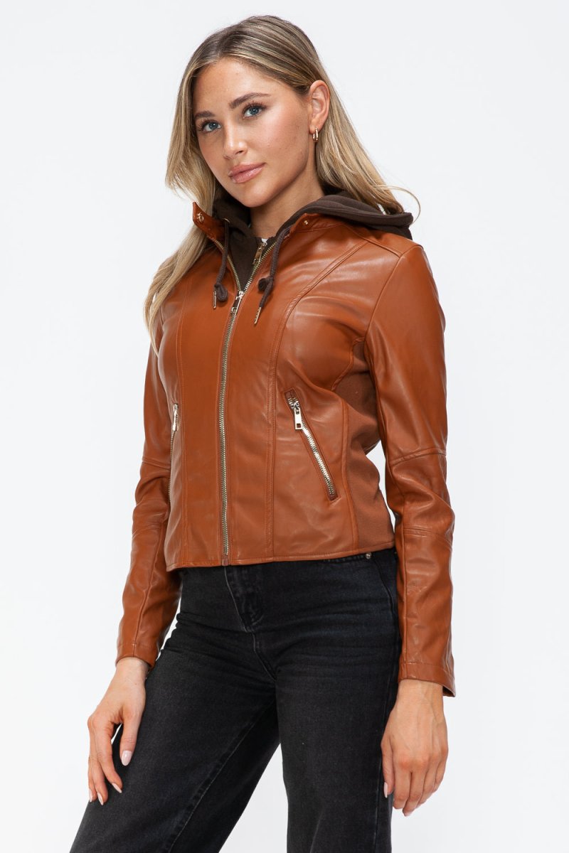 Snobbish Faux Leather Zip Up Drawstring Hooded Jacket - S. M. & Co.