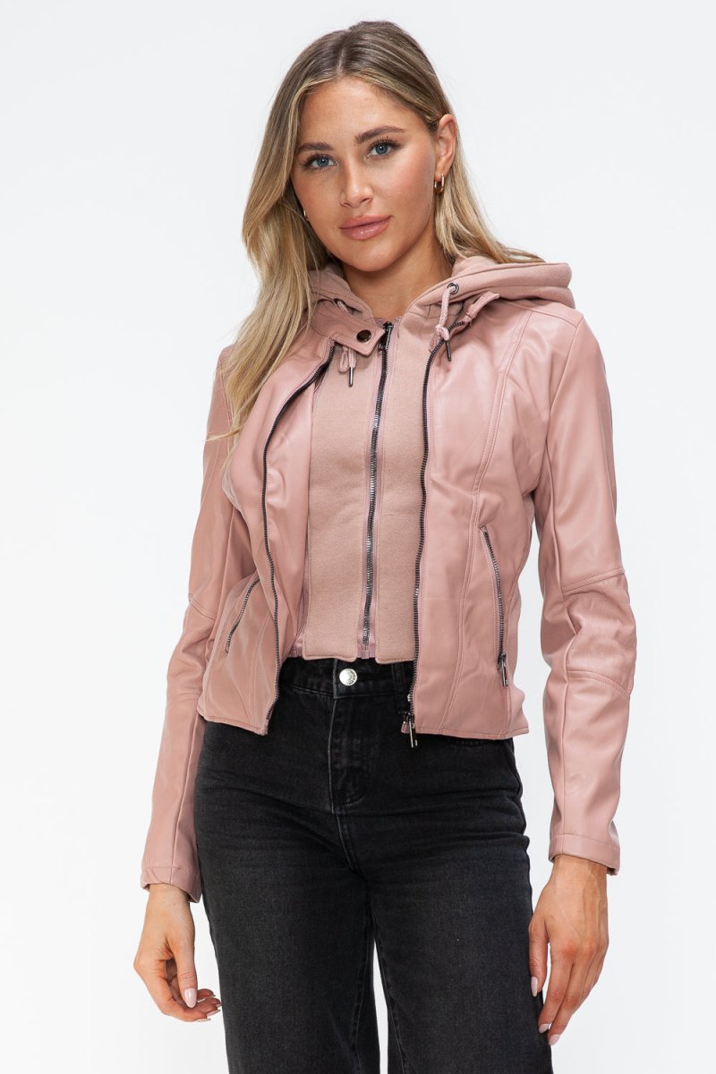 Snobbish Faux Leather Zip Up Drawstring Hooded Jacket - S. M. & Co.