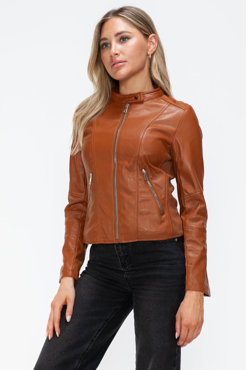 Snobbish Faux Leather Zip Up Drawstring Hooded Jacket - S. M. & Co.