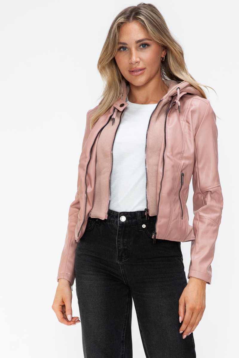 Snobbish Faux Leather Zip Up Drawstring Hooded Jacket - S. M. & Co.