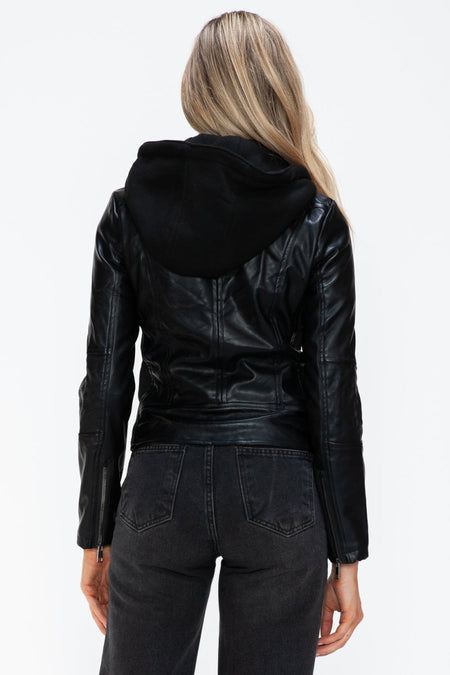 Snobbish Faux Leather Zip Up Drawstring Hooded Jacket - S. M. & Co.