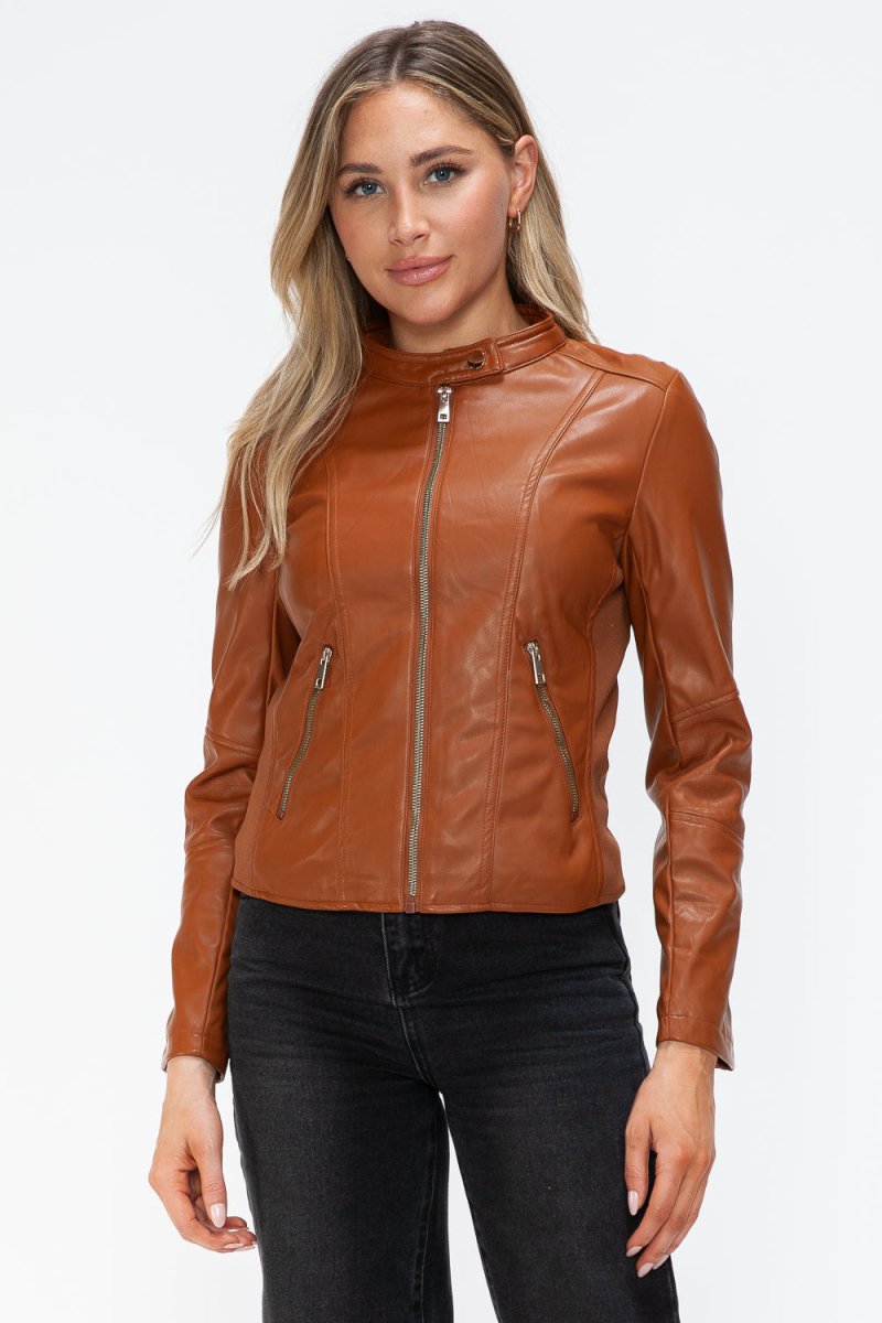 Snobbish Faux Leather Zip Up Drawstring Hooded Jacket - S. M. & Co.