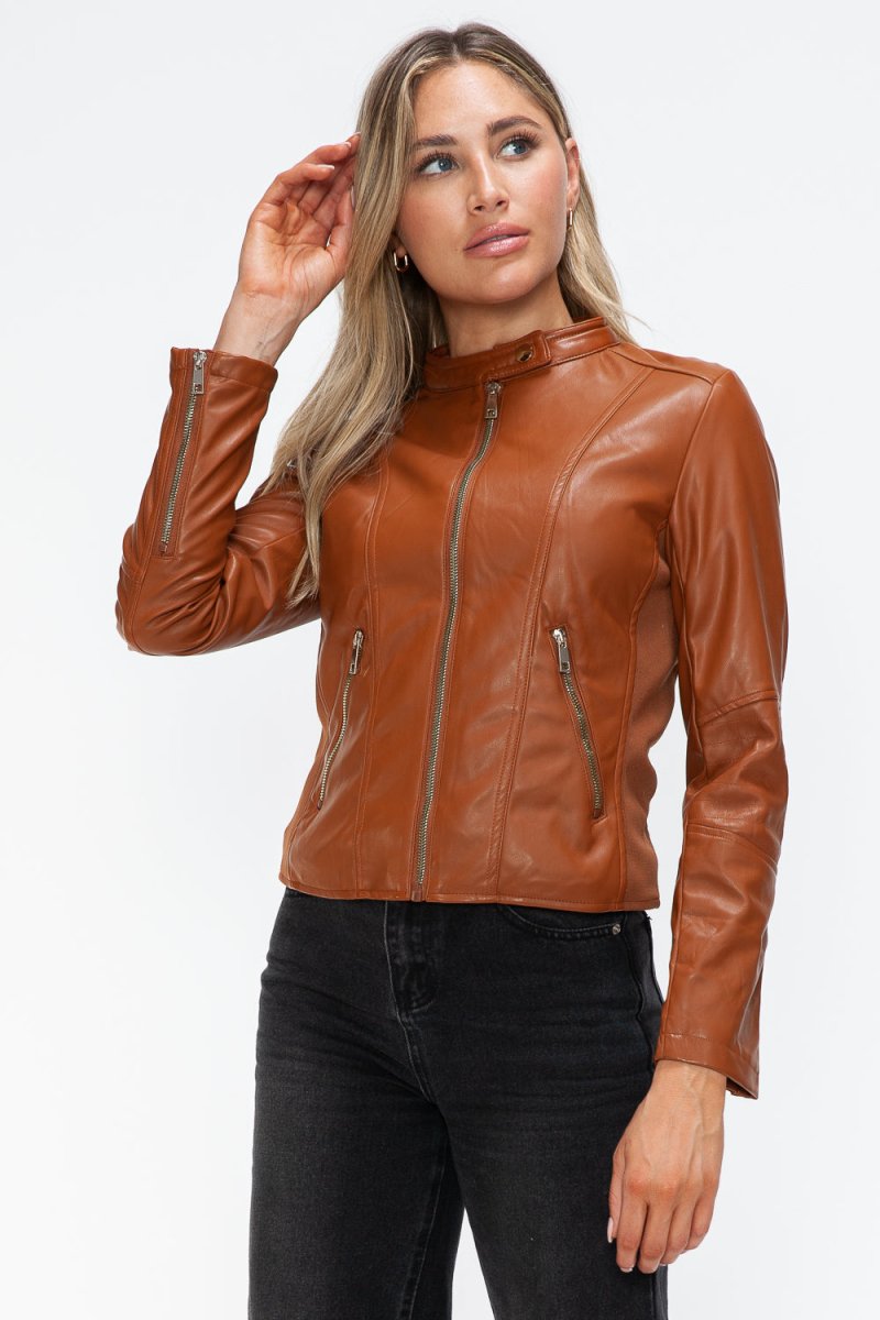 Snobbish Faux Leather Zip Up Drawstring Hooded Jacket - S. M. & Co.