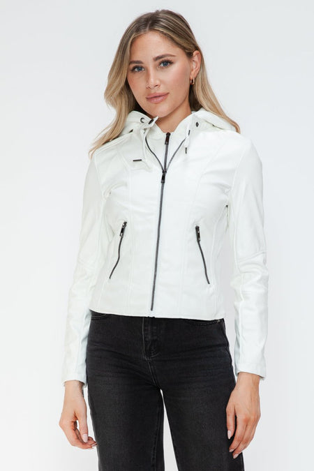 Snobbish Faux Leather Zip Up Drawstring Hooded Jacket - S. M. & Co.