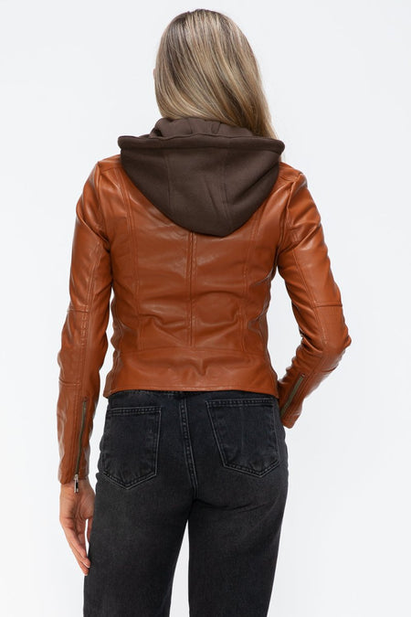 Snobbish Faux Leather Zip Up Drawstring Hooded Jacket - S. M. & Co.