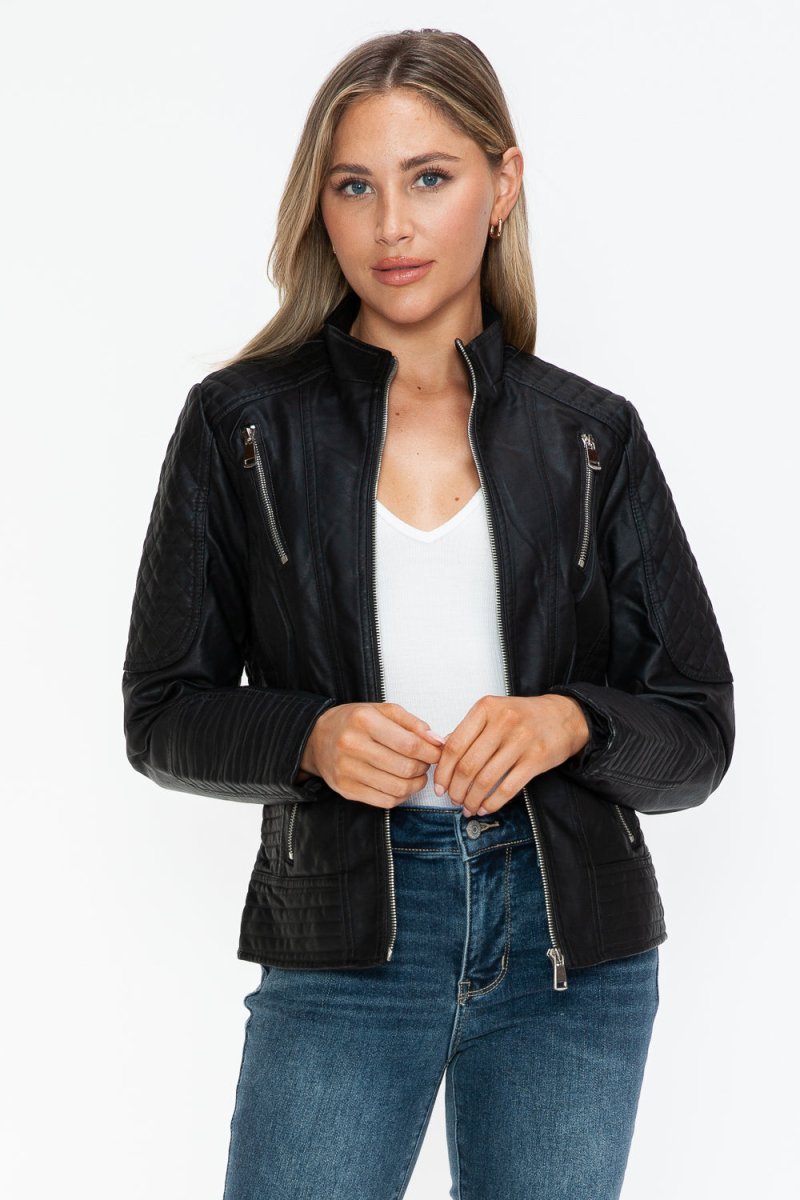 Snobbish Faux Leather Zip Up Mock Neck Jacket - S. M. & Co.