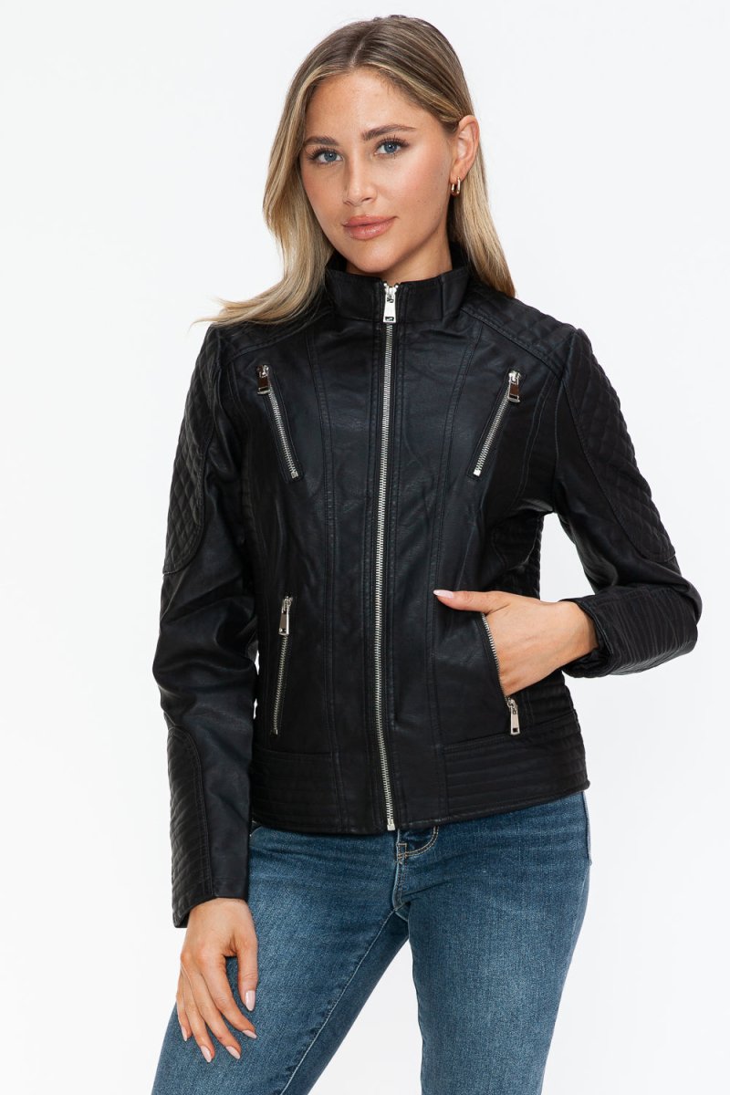 Snobbish Faux Leather Zip Up Mock Neck Jacket - S. M. & Co.