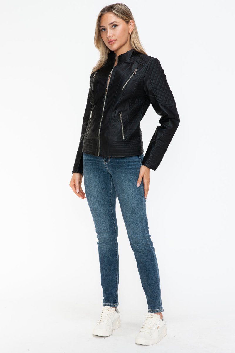 Snobbish Faux Leather Zip Up Mock Neck Jacket - S. M. & Co.