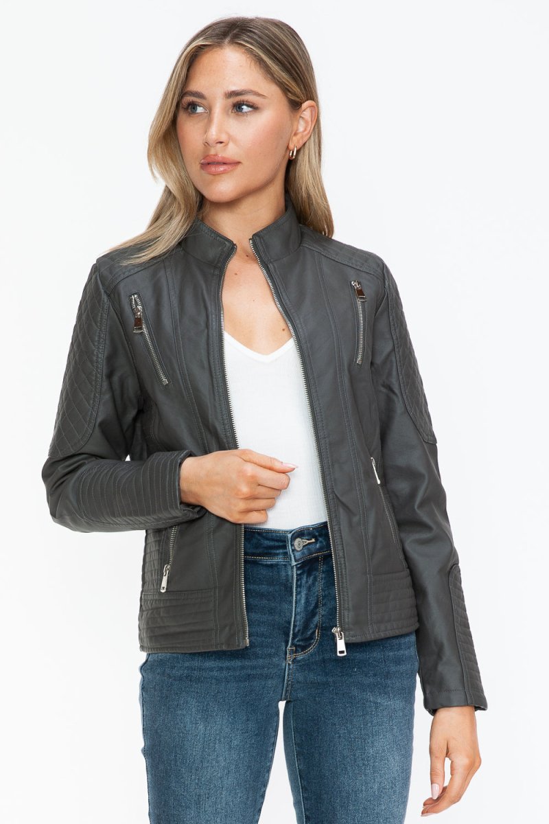 Snobbish Faux Leather Zip Up Mock Neck Jacket - S. M. & Co.