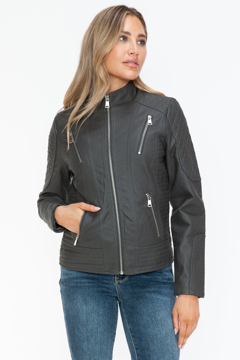 Snobbish Faux Leather Zip Up Mock Neck Jacket - S. M. & Co.