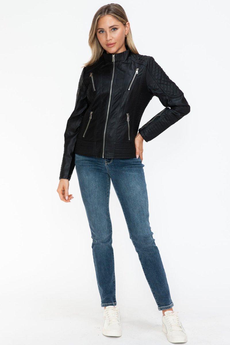 Snobbish Faux Leather Zip Up Mock Neck Jacket - S. M. & Co.