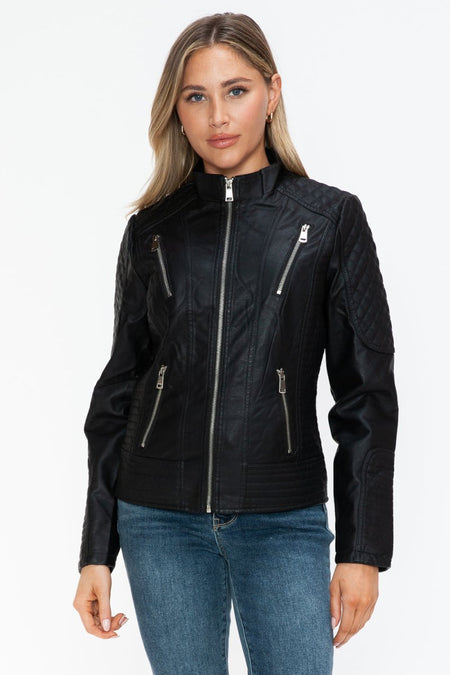 Snobbish Faux Leather Zip Up Mock Neck Jacket - S. M. & Co.