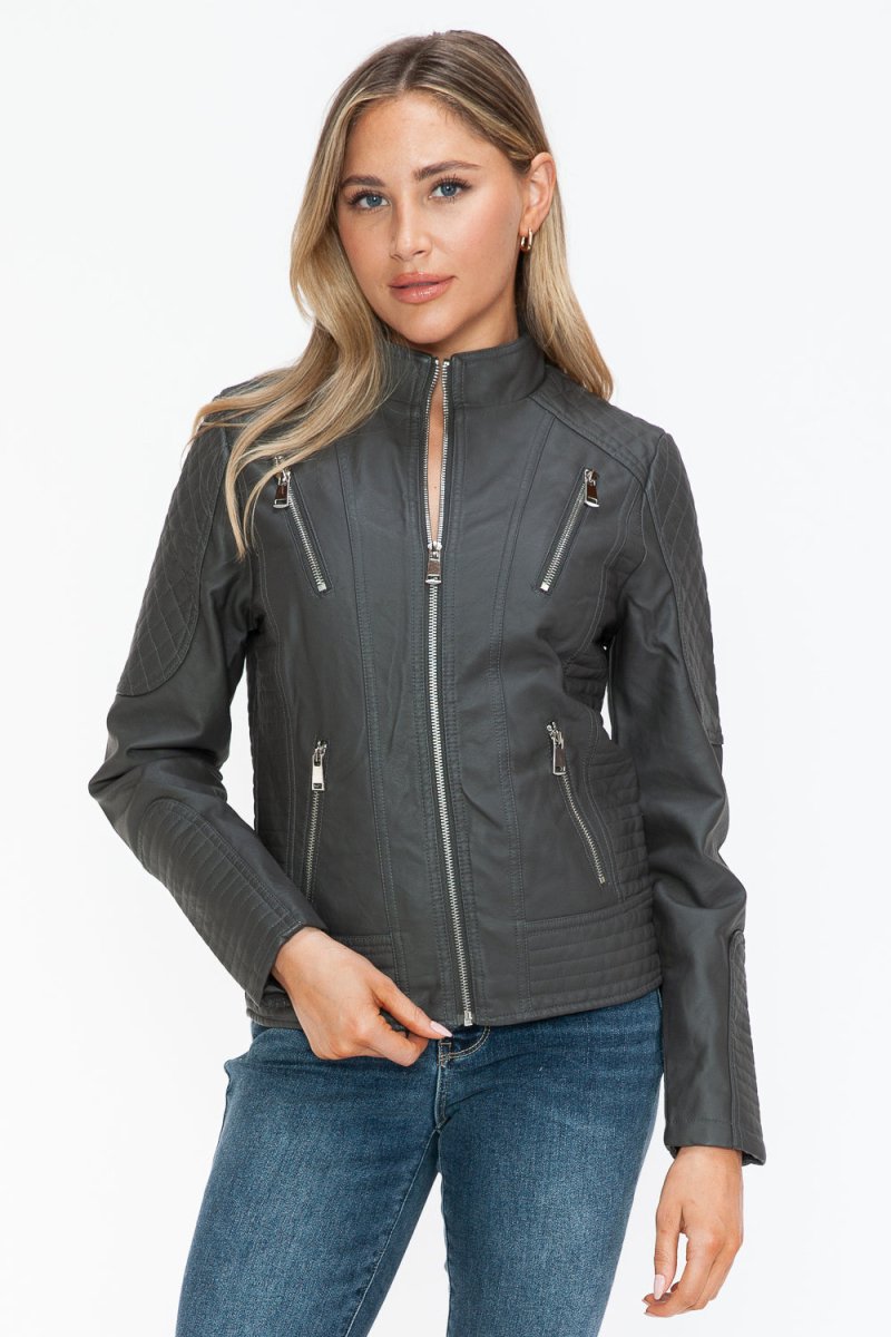 Snobbish Faux Leather Zip Up Mock Neck Jacket - S. M. & Co.