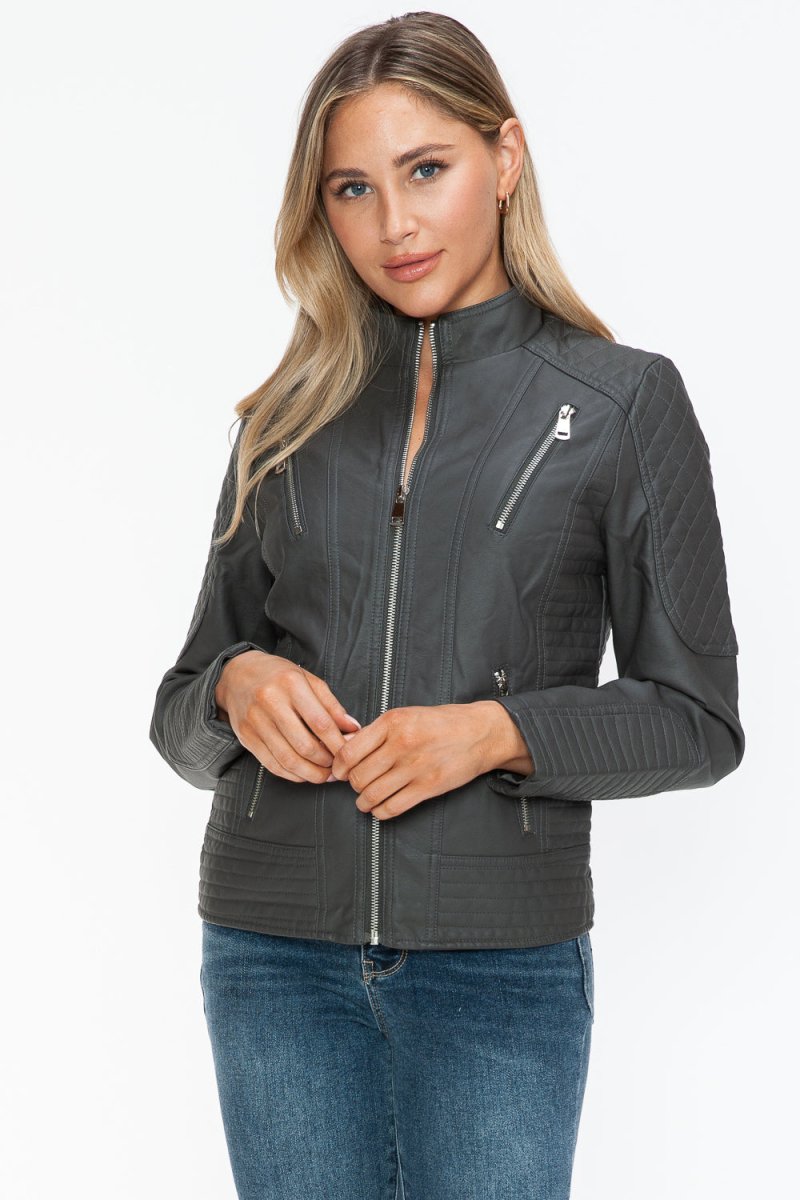 Snobbish Faux Leather Zip Up Mock Neck Jacket - S. M. & Co.