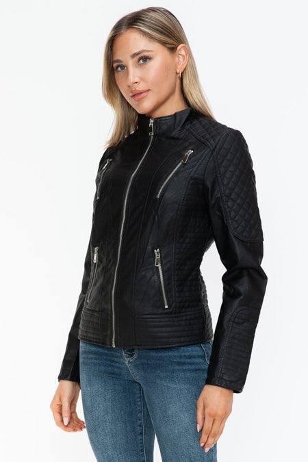 Snobbish Faux Leather Zip Up Mock Neck Jacket - S. M. & Co.