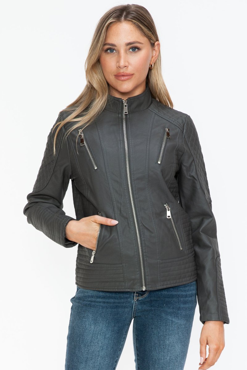 Snobbish Faux Leather Zip Up Mock Neck Jacket - S. M. & Co.