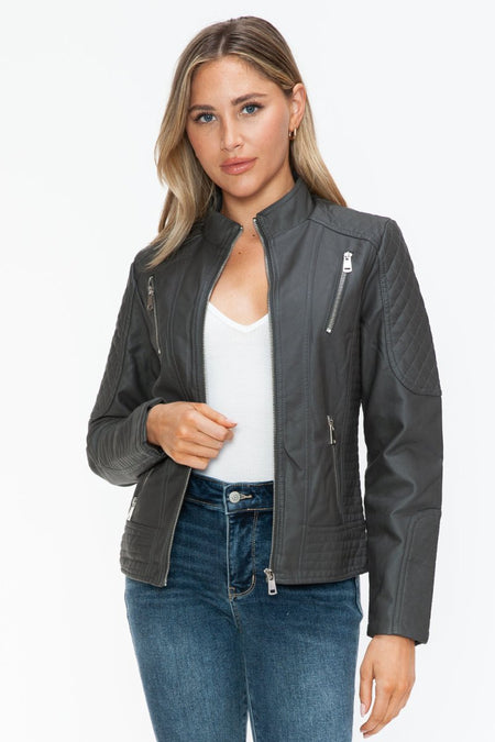 Snobbish Faux Leather Zip Up Mock Neck Jacket - S. M. & Co.