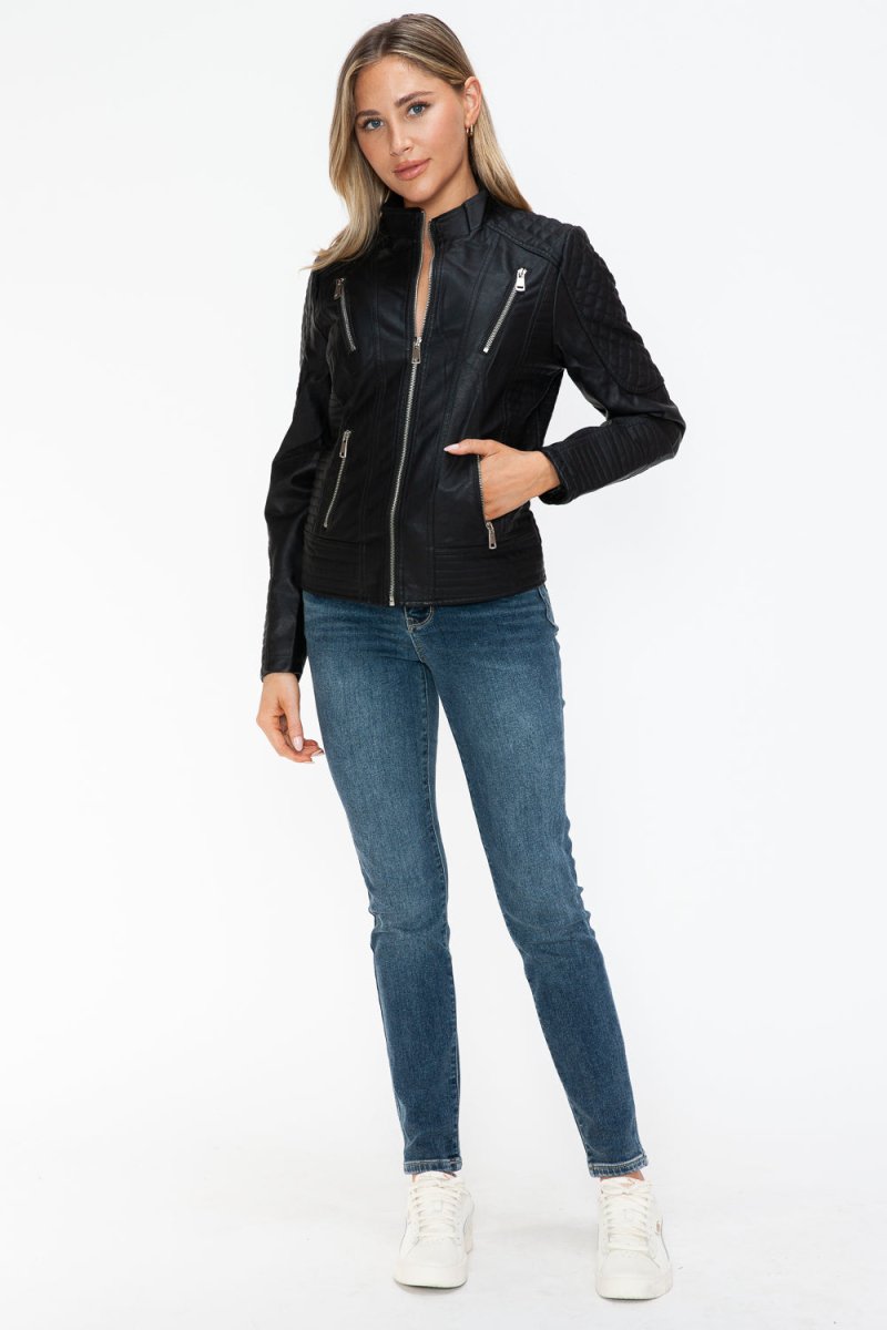 Snobbish Faux Leather Zip Up Mock Neck Jacket - S. M. & Co.