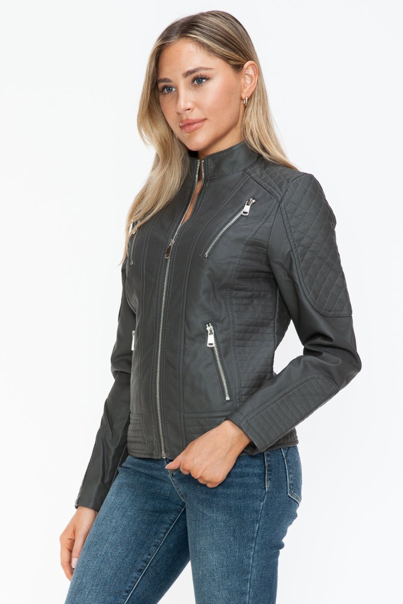 Snobbish Faux Leather Zip Up Mock Neck Jacket - S. M. & Co.