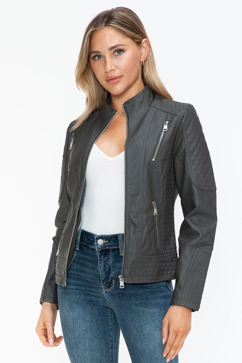 Snobbish Faux Leather Zip Up Mock Neck Jacket - S. M. & Co.