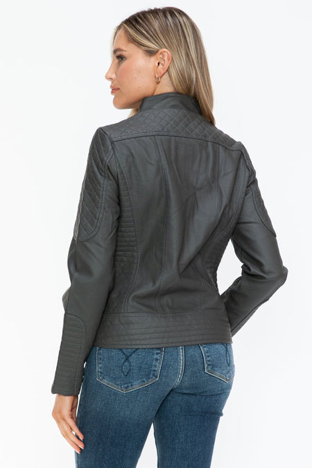 Snobbish Faux Leather Zip Up Mock Neck Jacket - S. M. & Co.