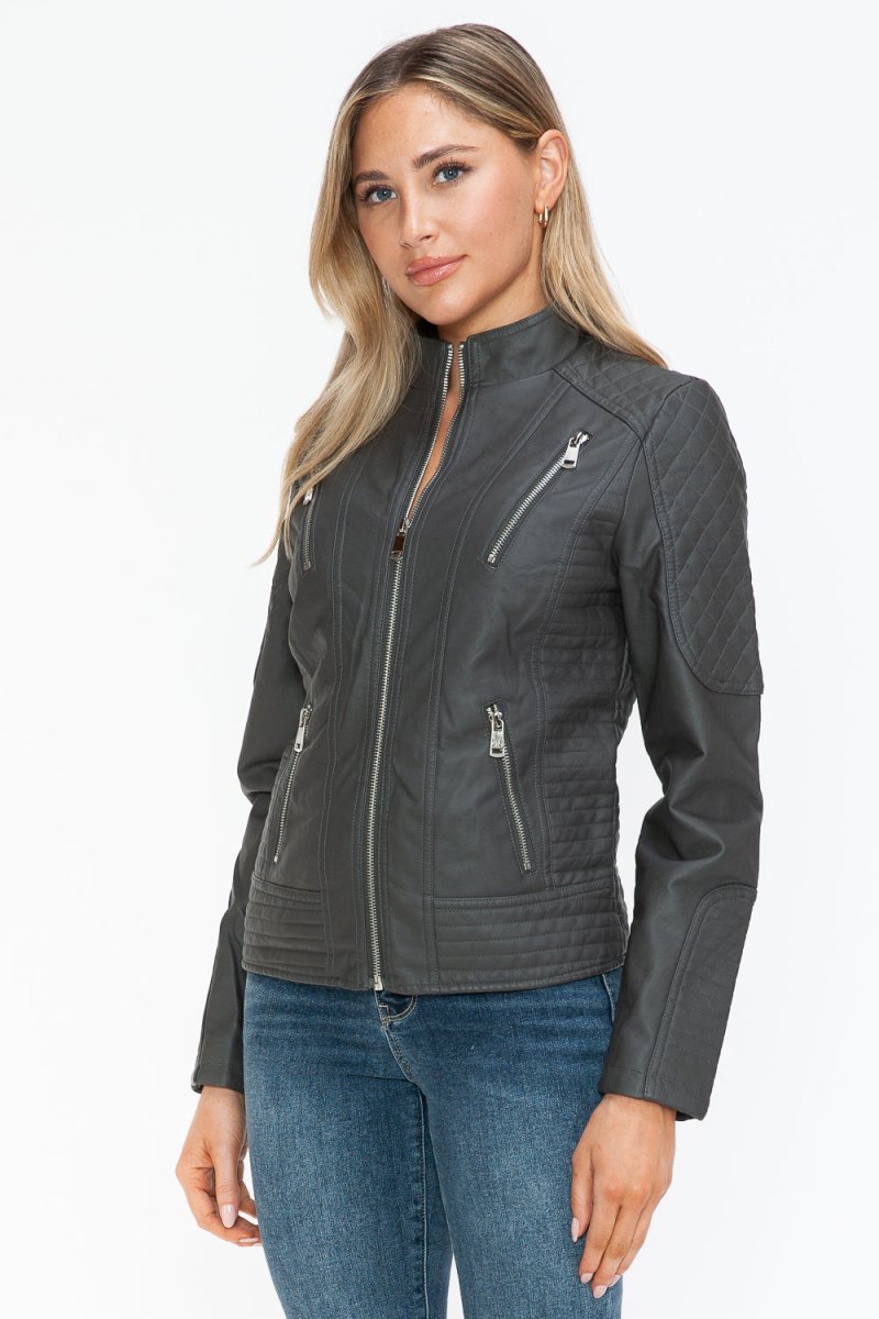 Snobbish Faux Leather Zip Up Mock Neck Jacket - S. M. & Co.