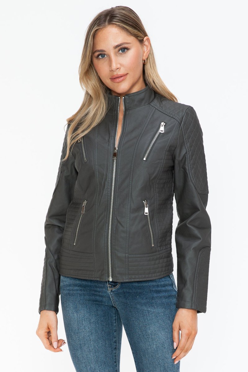 Snobbish Faux Leather Zip Up Mock Neck Jacket - S. M. & Co.