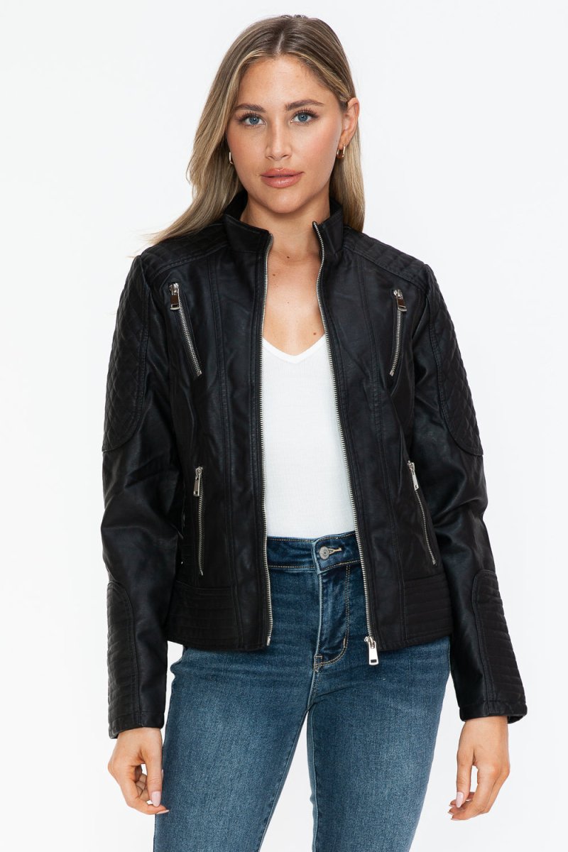 Snobbish Faux Leather Zip Up Mock Neck Jacket - S. M. & Co.