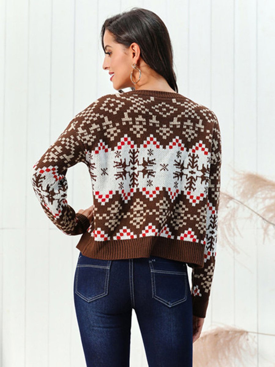 Snowflake Pattern Round Neck Sweater - S. M. & Co.