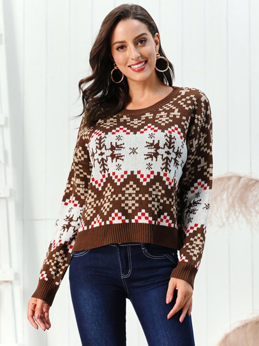 Snowflake Pattern Round Neck Sweater - S. M. & Co.