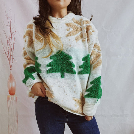 Snowflake Round Neck Long Sleeve Sweater - S. M. & Co.