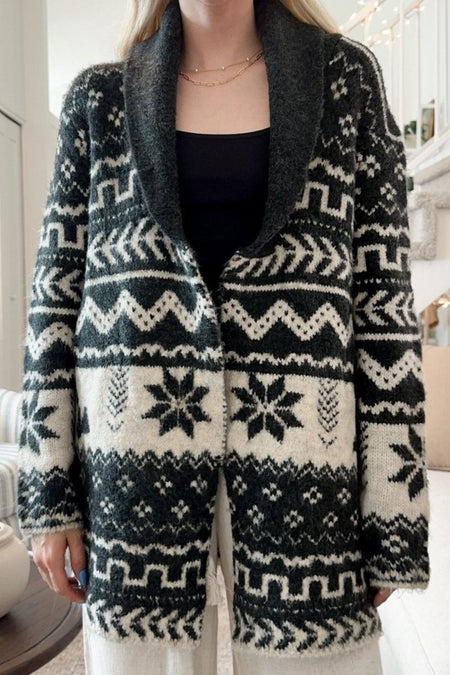 Snowflakes Collared Neck Long Sleeve Cardigan - S. M. & Co.