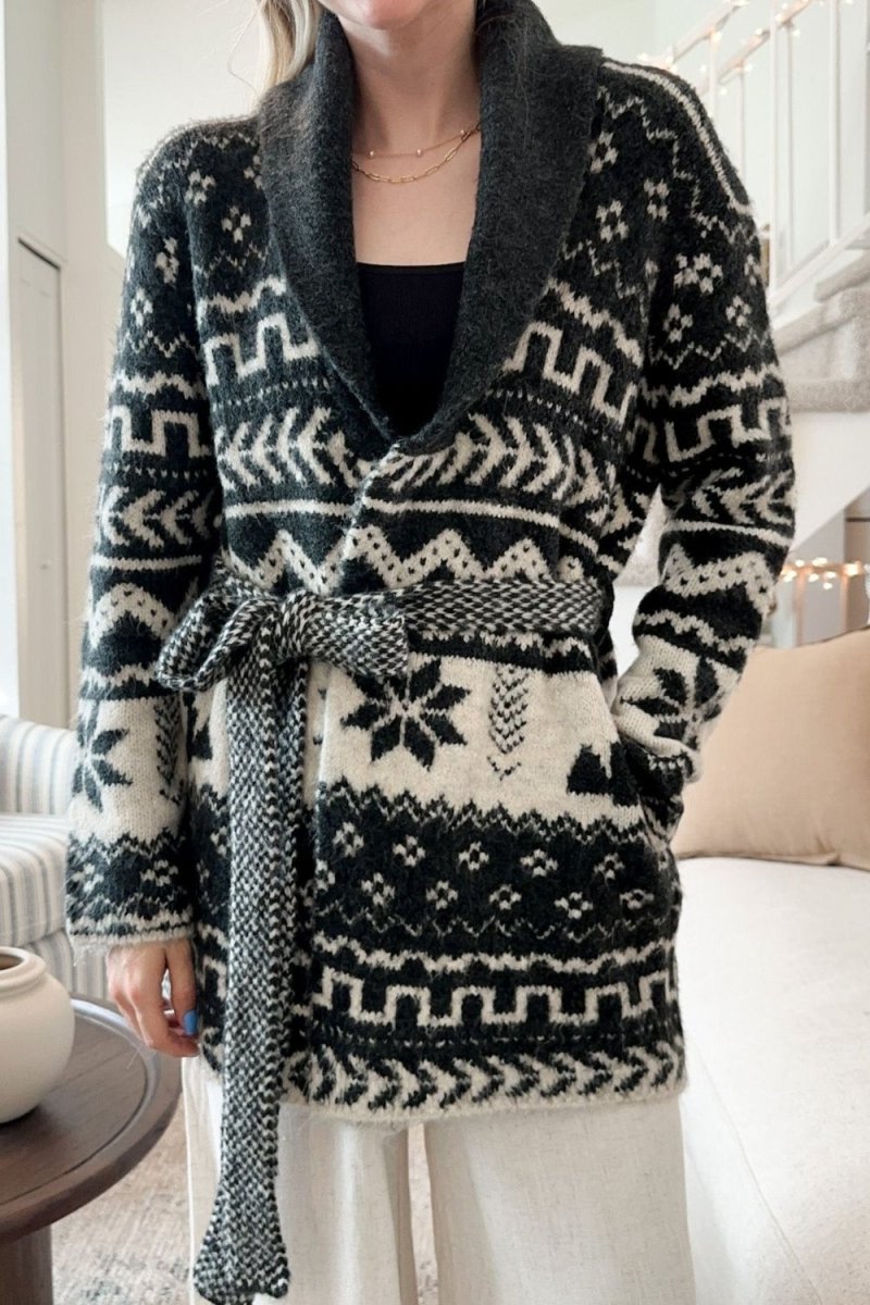 Snowflakes Collared Neck Long Sleeve Cardigan - S. M. & Co.