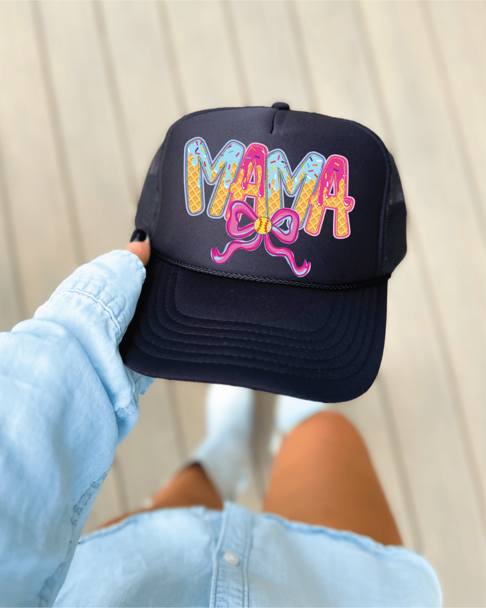 Softball Mama Icecream DTF Printed Black Trucker Hat - S. M. & Co.